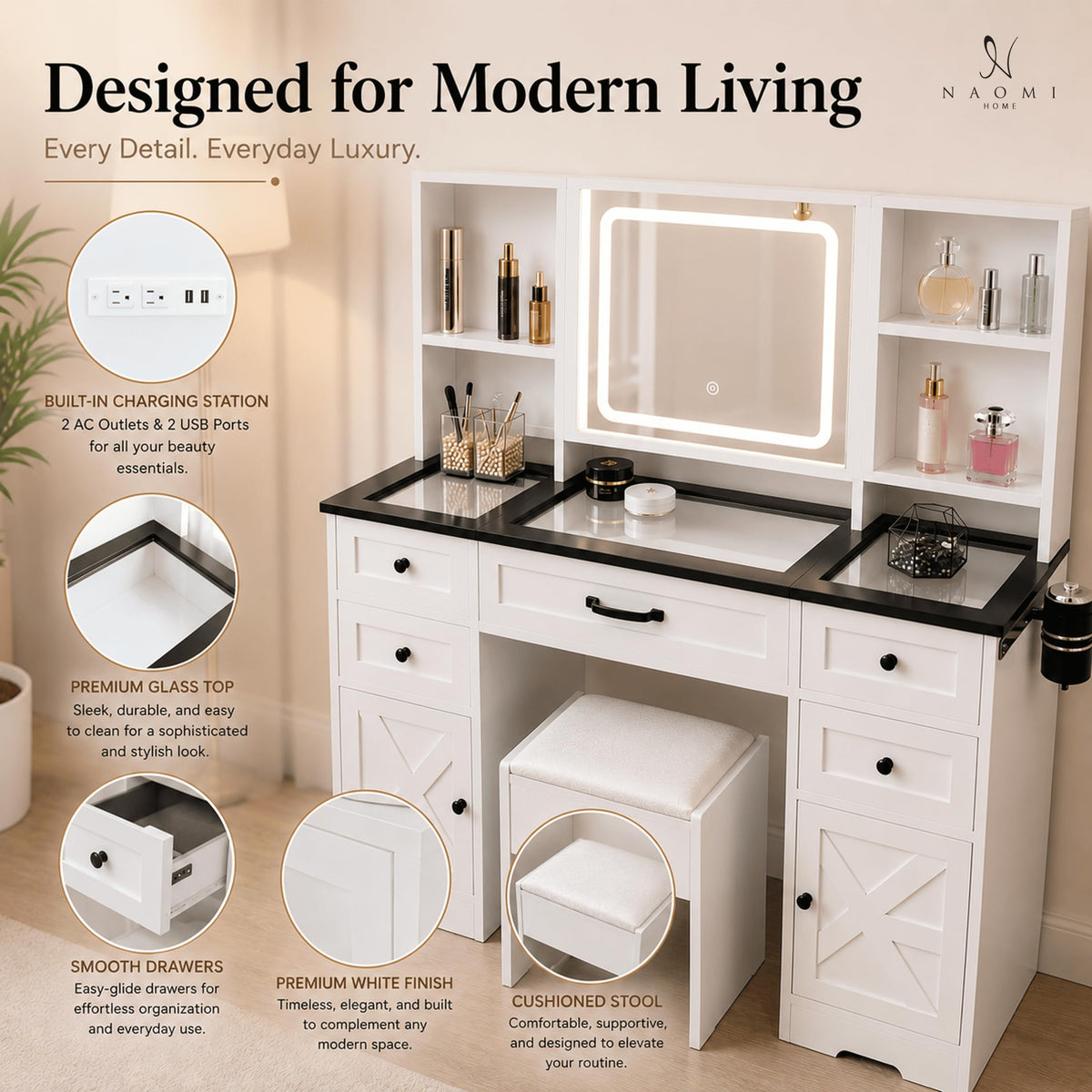 Vanya makeup vanity with sliding led mirror & charging – white