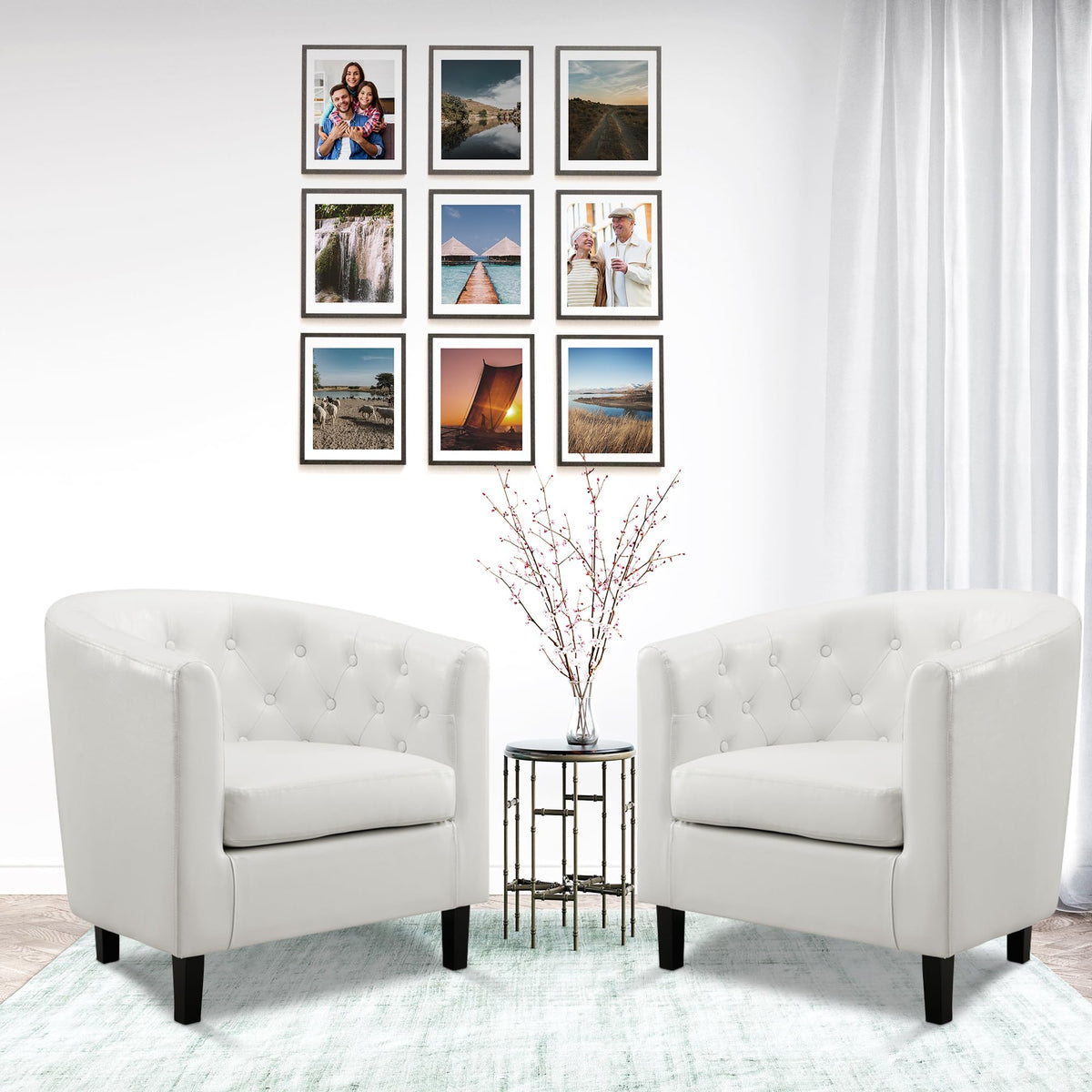 Emma set of 2 button tufted faux leather barrel chairs white