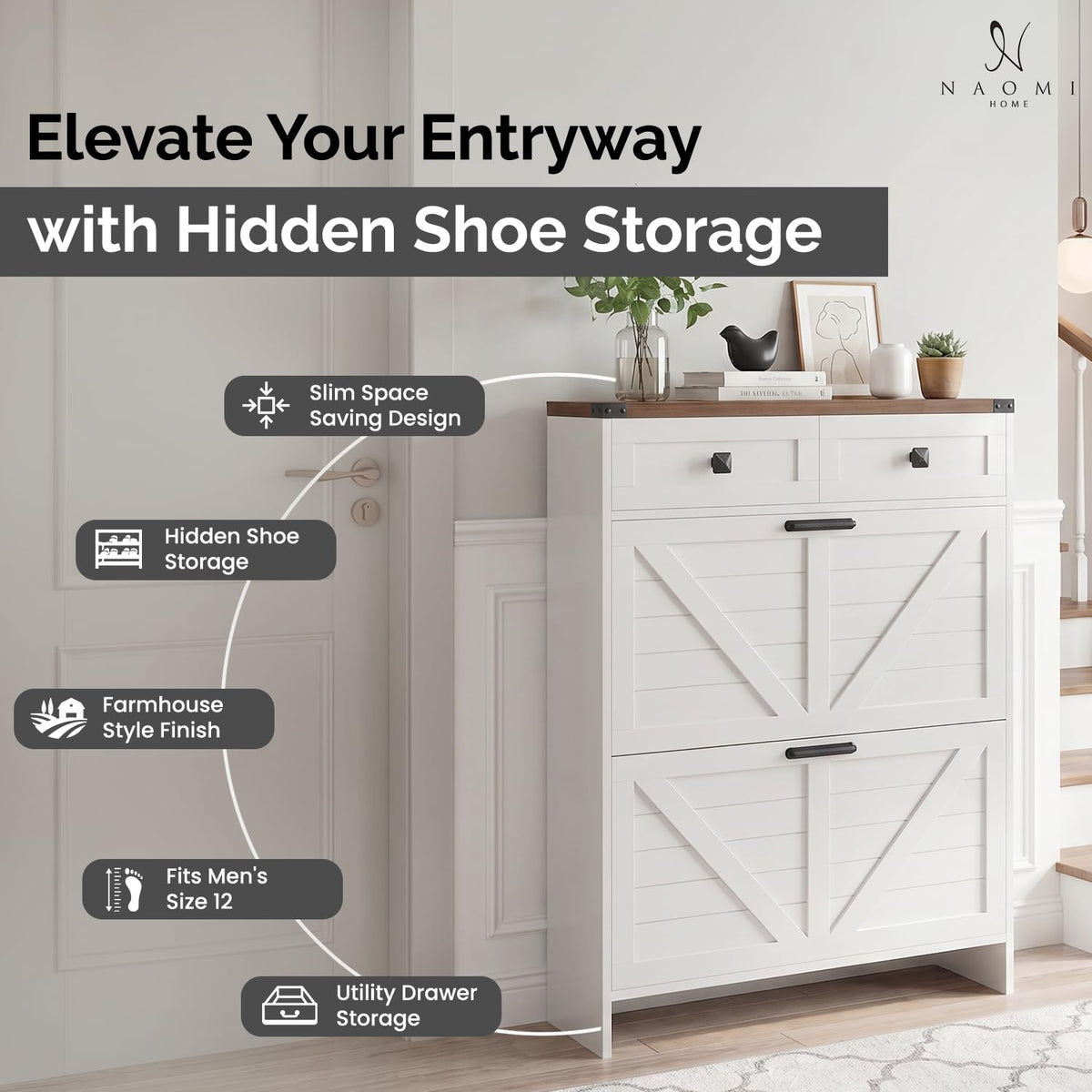 Berenice farmhouse shoe cabinet with 2 flip drawers white