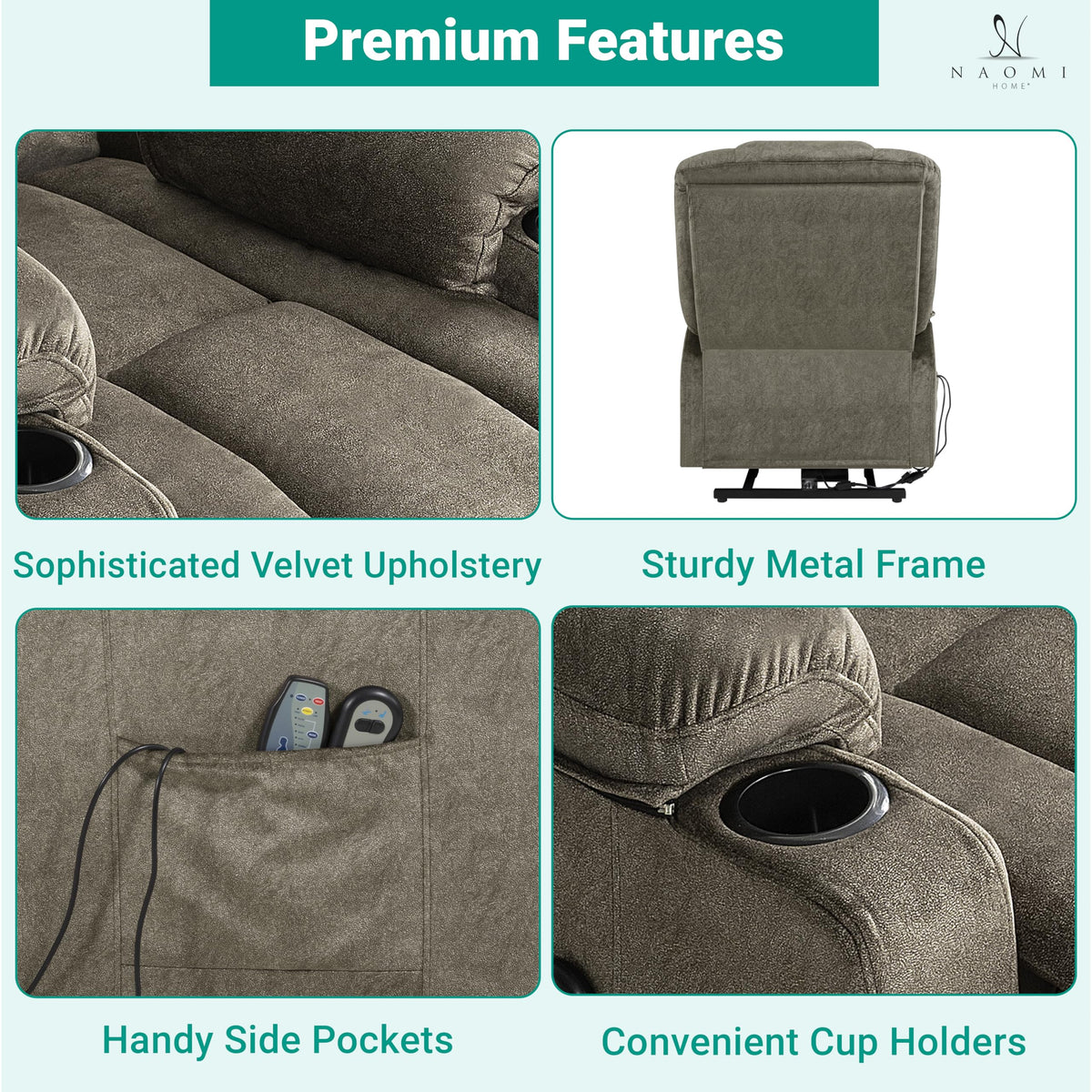 Doris power lift recliner with massage & heat gray