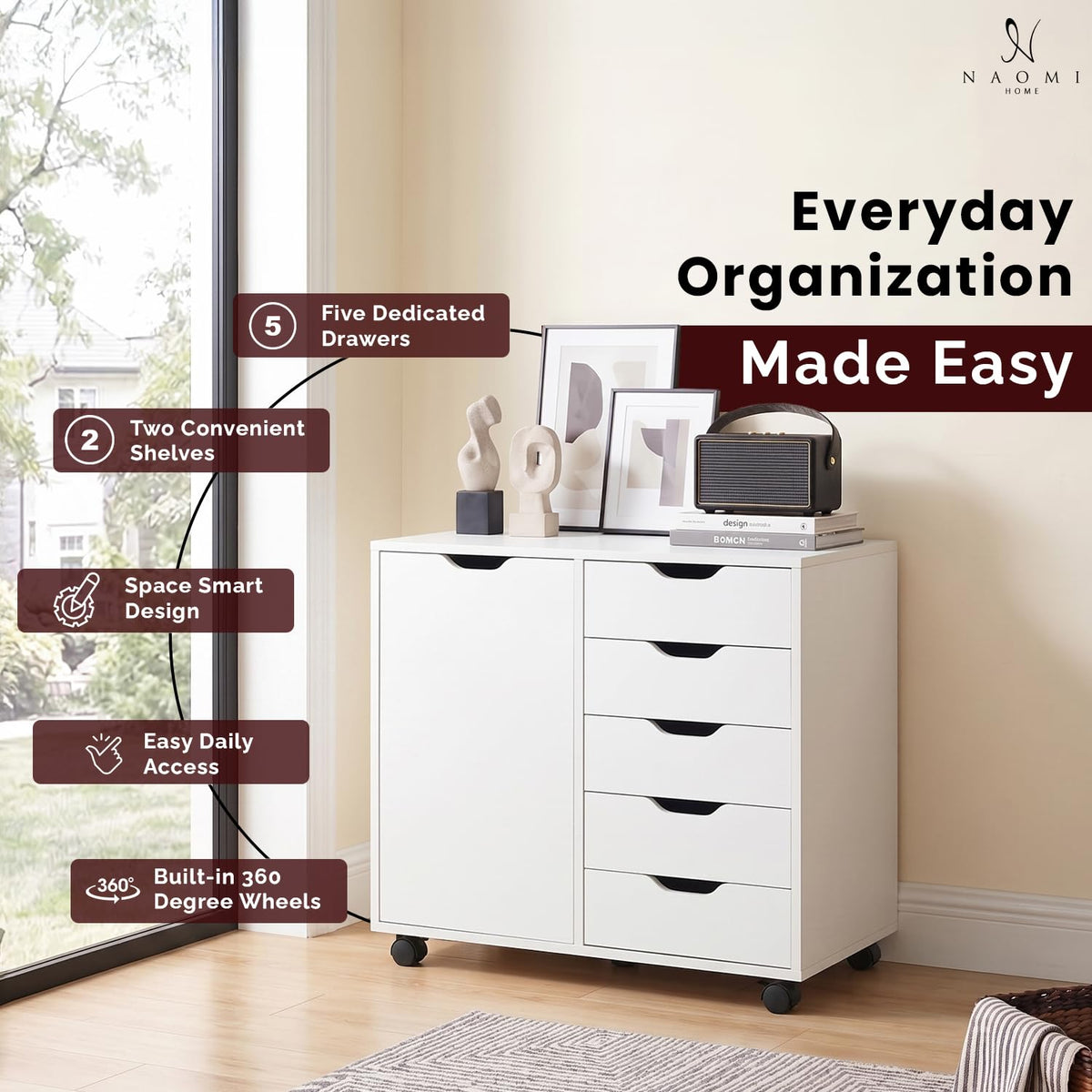 Amy 5 drawer storage cabinet with 2 shelves & wheels white