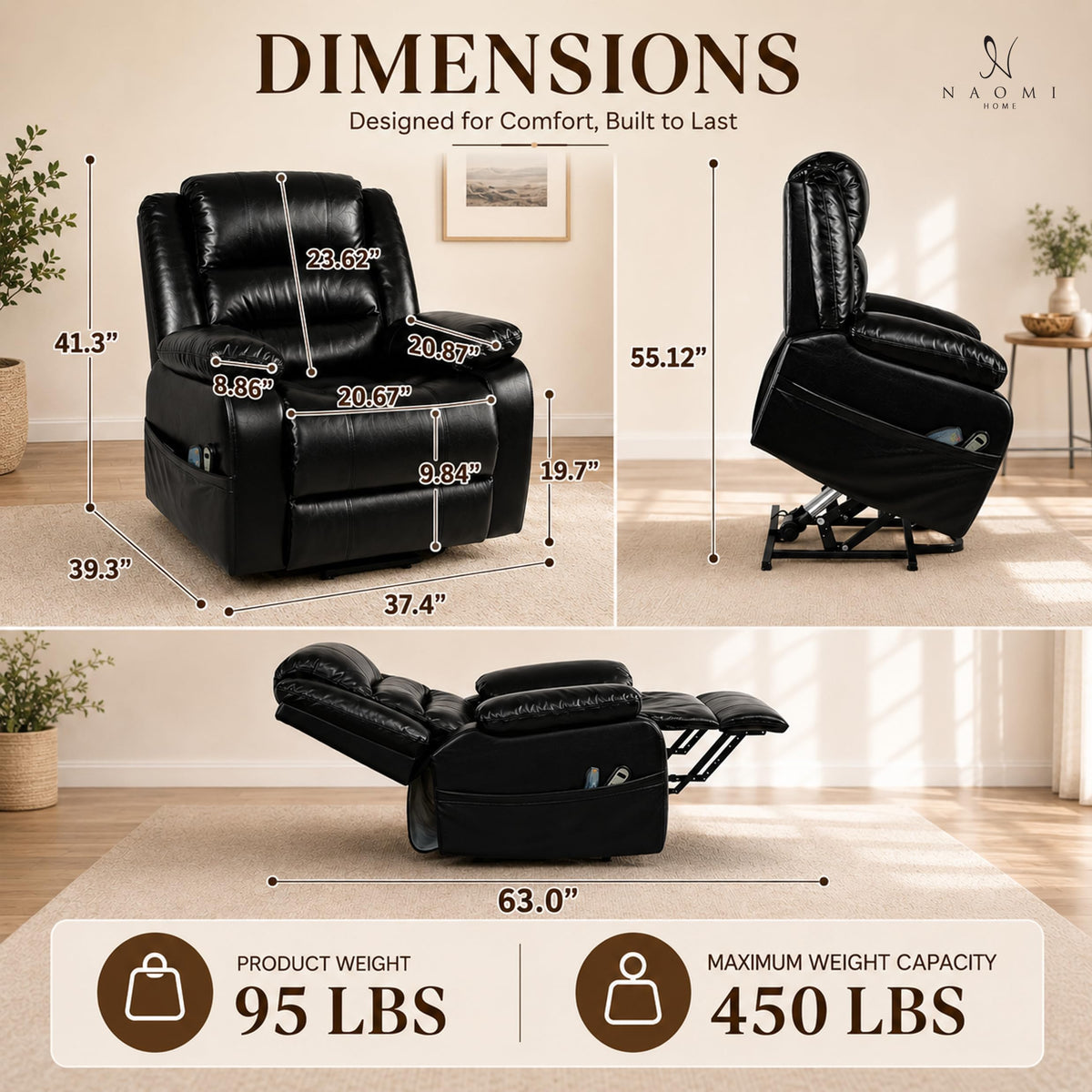 Whitney power lift recliner with massage & heat black