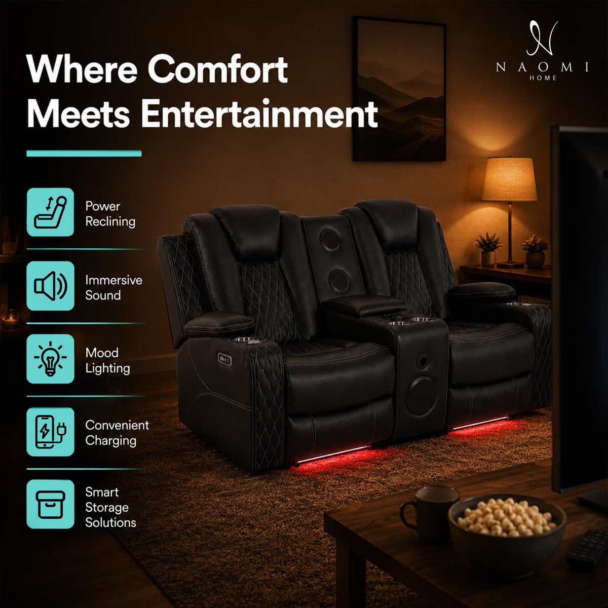 Chicago power reclining loveseat with built in speakers and led lights black