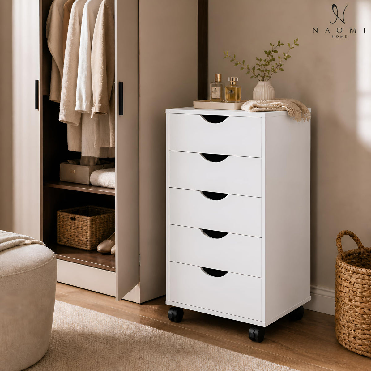 Taylor 5 drawer storage cabinet with wheels & tabletop white