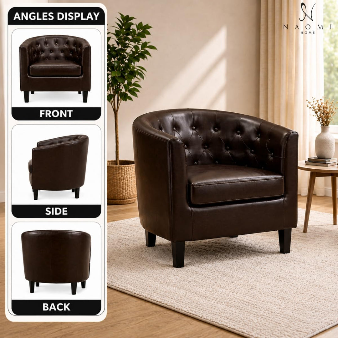 Emma Button-Tufted Faux Leather Barrel Accent Chair - Espresso