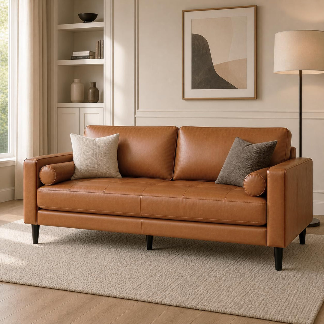 Marisa Genuine Leather Mid-Century Sofa with Bolster Pillows