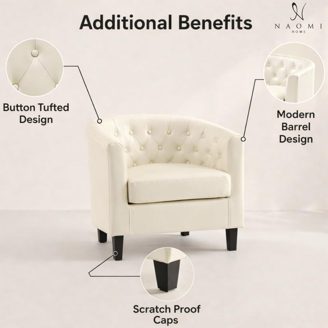 Emma Button-Tufted Faux Leather Barrel Accent Chair - Cream