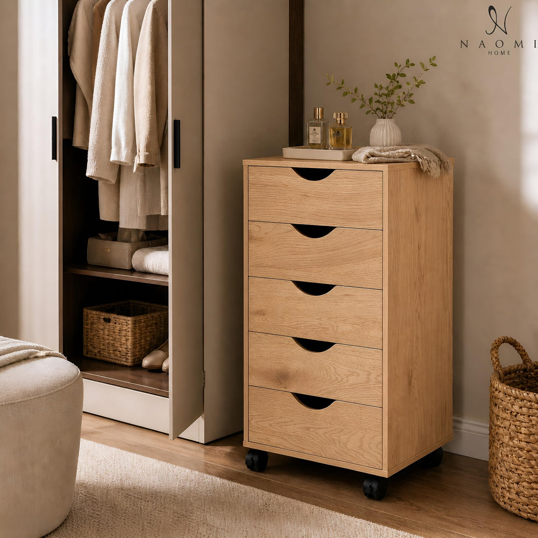 Taylor 5-Drawer Storage Cabinet with Wheels & Tabletop - Natural