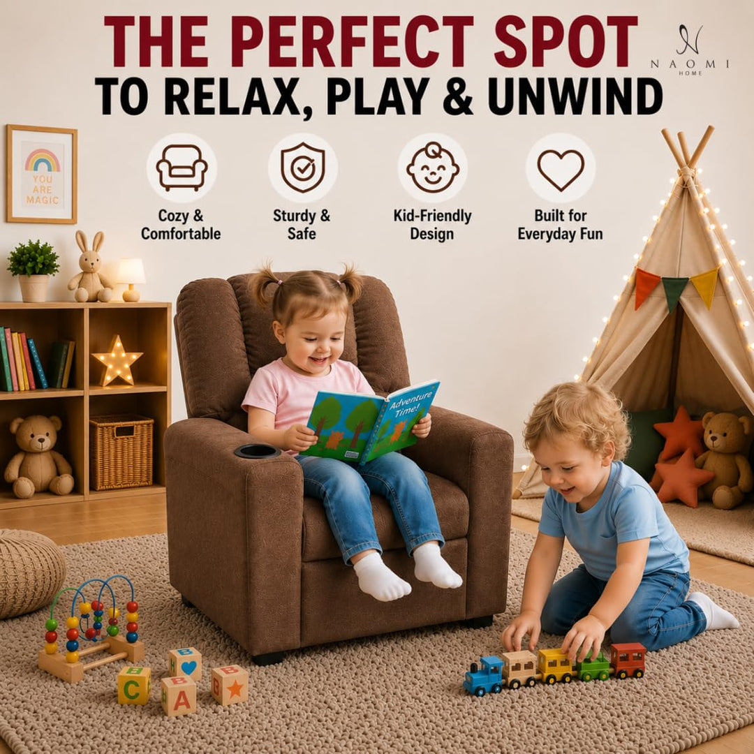 Suri Push Back Kids Recliner with Footrest & Cup Holders - Brown / Microfiber