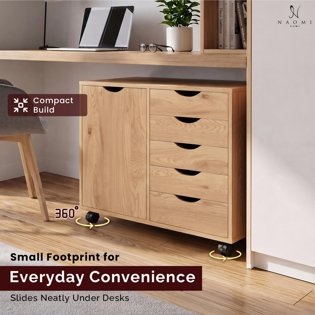 Amy 5-Drawer Storage Cabinet with 2 Shelves & Wheels - Natural
