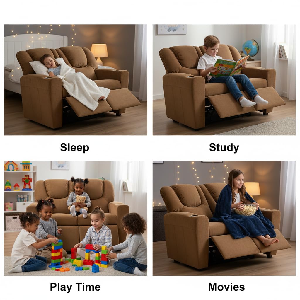 Suri Kids Recliner Loveseat with Dual Cup Holders - Brown / Microfiber