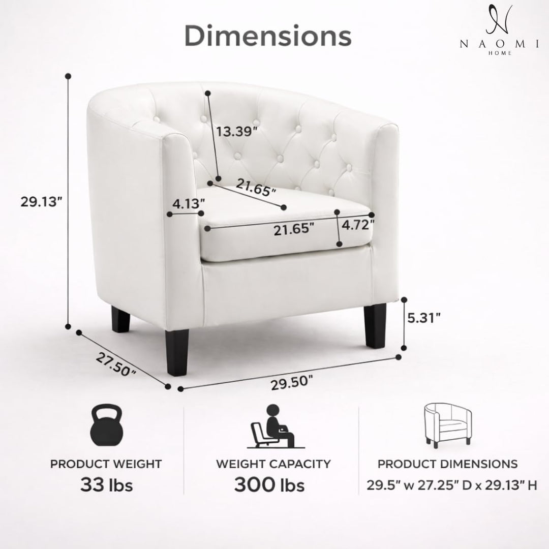 Emma Button-Tufted Faux Leather Barrel Accent Chair - White