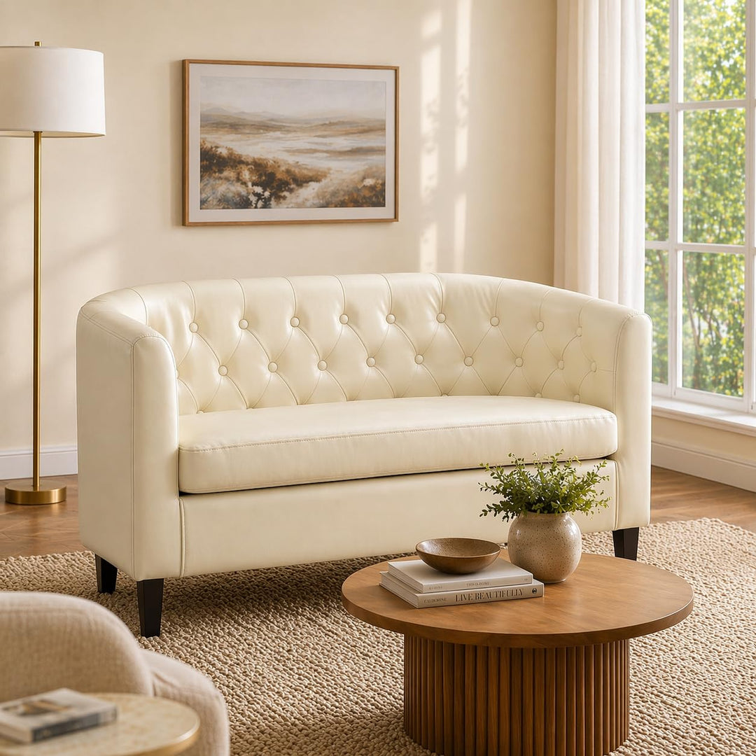 Emma Tufted Barrel Loveseat with Faux Leather Upholstery - Cream