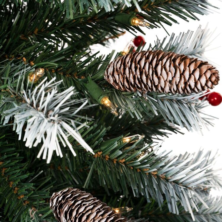 Vancouver Spruce Frosted Pre-Lit Christmas Tree with Pine Cones Berries - 4.5 ft