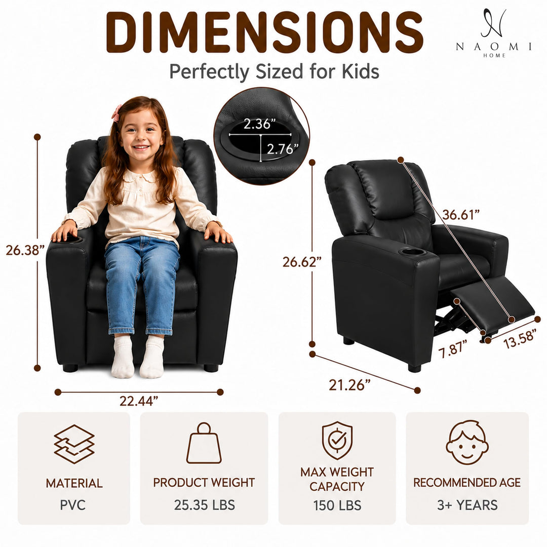 Suri Push Back Kids Recliner with Footrest & Cup Holders - Black / Pvc