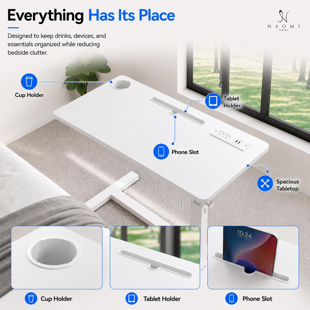 Adjustable Overbed Table with Charging Station - White / White