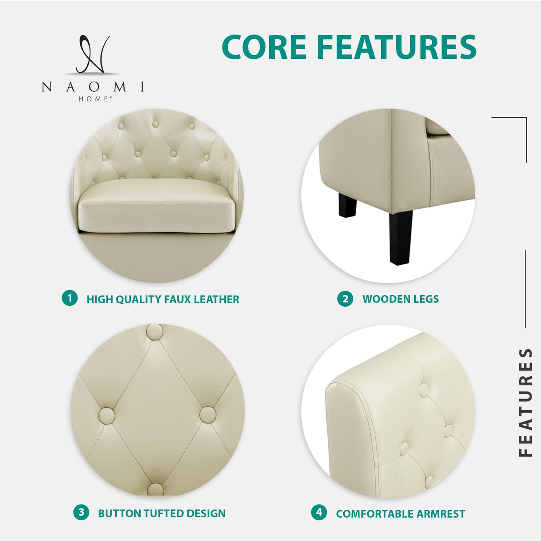 Emma Set of 2 Button-Tufted Faux Leather Barrel Chairs - Cream