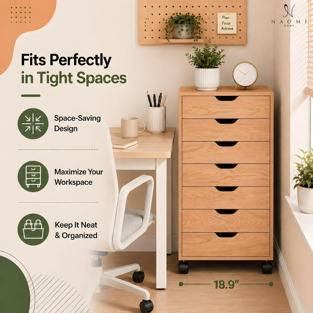 Debbie 7-Drawer Storage Cabinet with Wheels & Tabletop - Natural