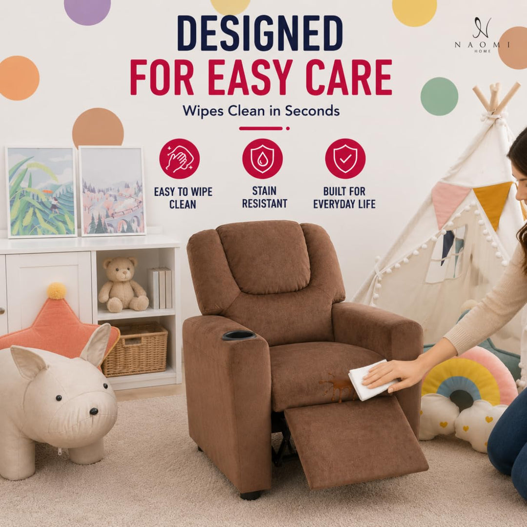 Suri Push Back Kids Recliner with Footrest & Cup Holders - Brown / Microfiber