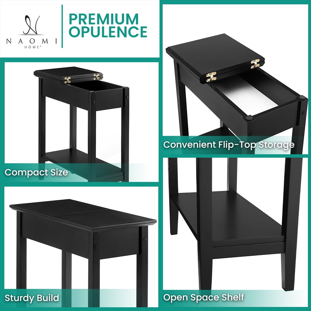 Roxy Flip Top Chairside Table - Hidden Storage with Drawer & Shelf - Black