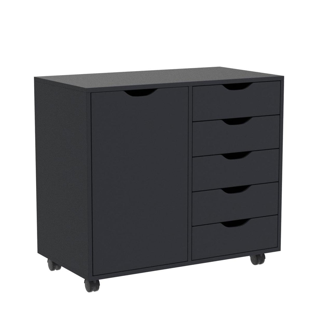 Amy 5-Drawer Storage Cabinet with 2 Shelves & Wheels - Black