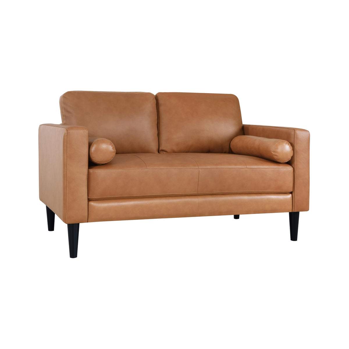 Marisa genuine leather mid century loveseat with bolster pillows