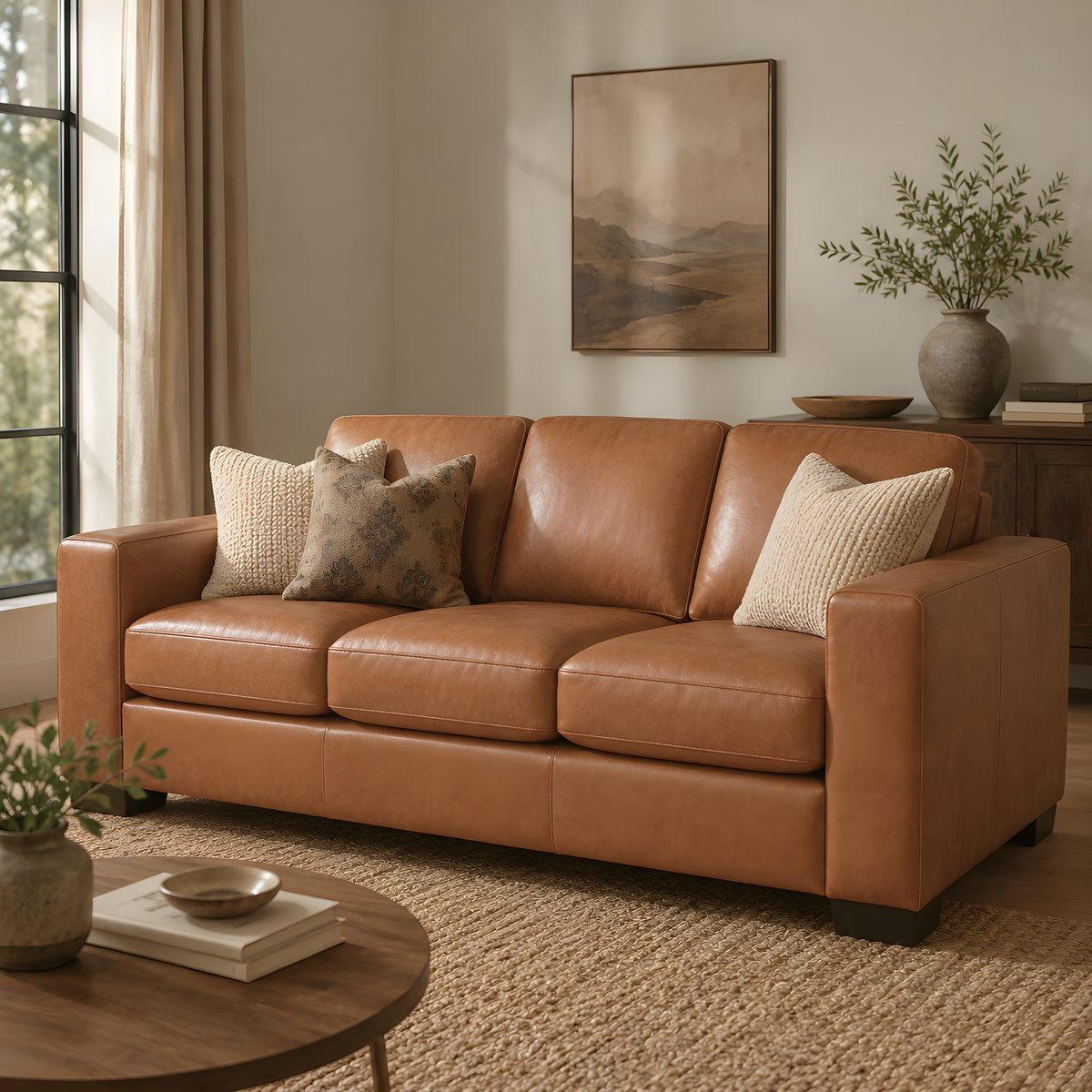 Freya genuine leather oversized 3 seater sofa   tan