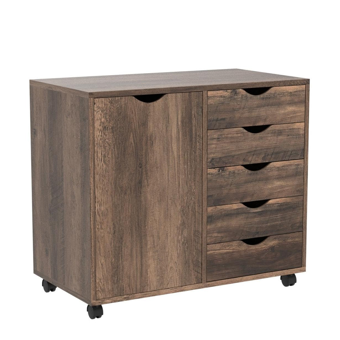 Amy 5-Drawer Storage Cabinet with 2 Shelves & Wheels - Brown Oak
