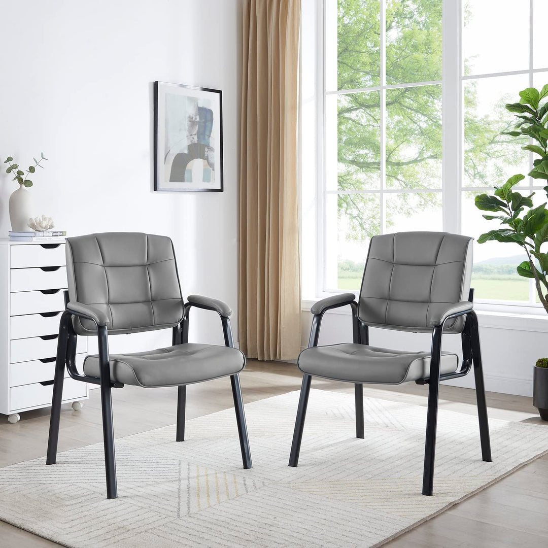 Mindy Reception Chair - Faux Leather Upholstery with Padded Arms - Gray / Set of 2