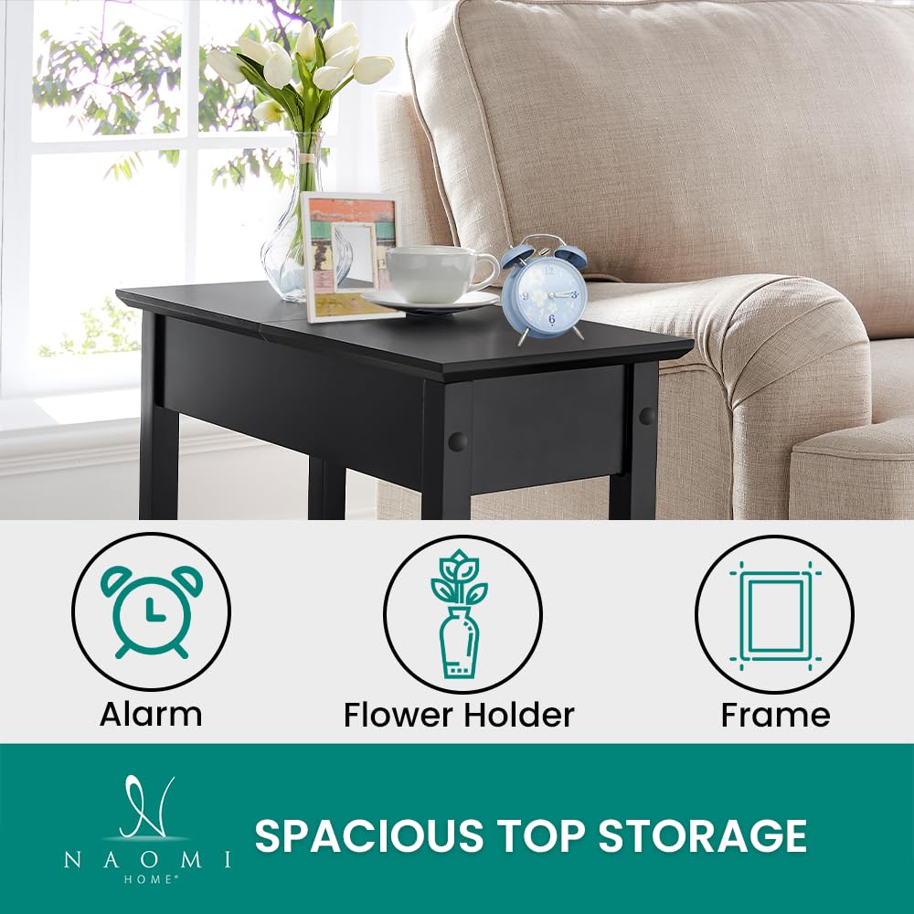 Roxy Flip Top Chairside Table - Hidden Storage with Drawer & Shelf - Black