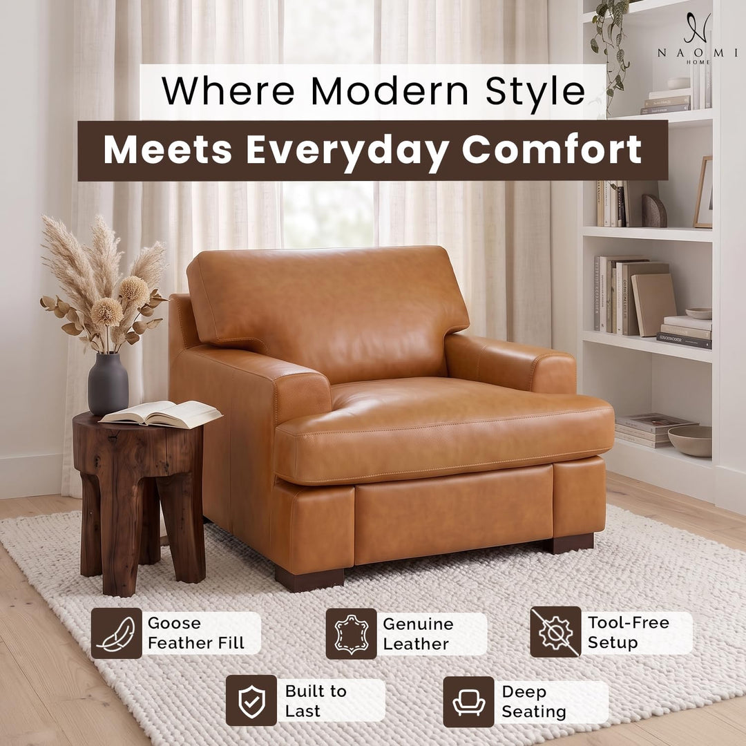 Siggy Genuine Leather Accent Chair with Removable Cushions