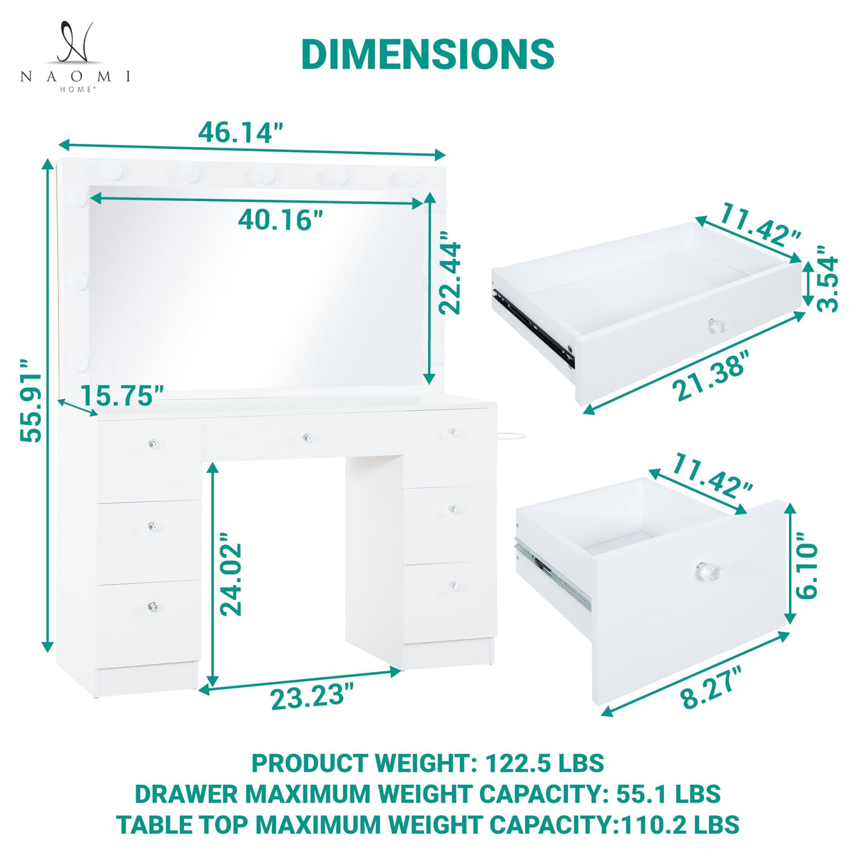 Vera 7 drawer makeup vanity with led mirror – white