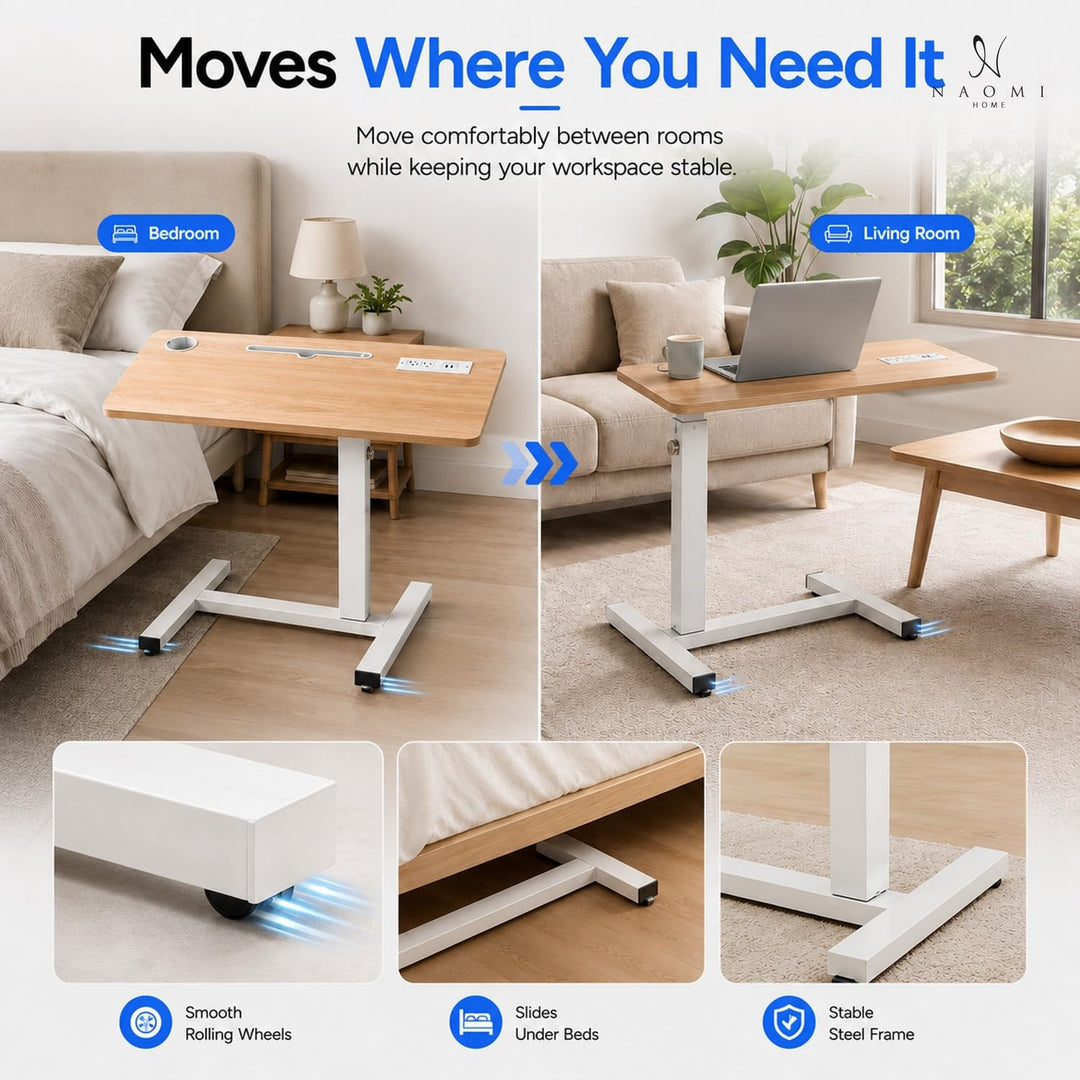 Adjustable Overbed Table with Charging Station - Natural / White