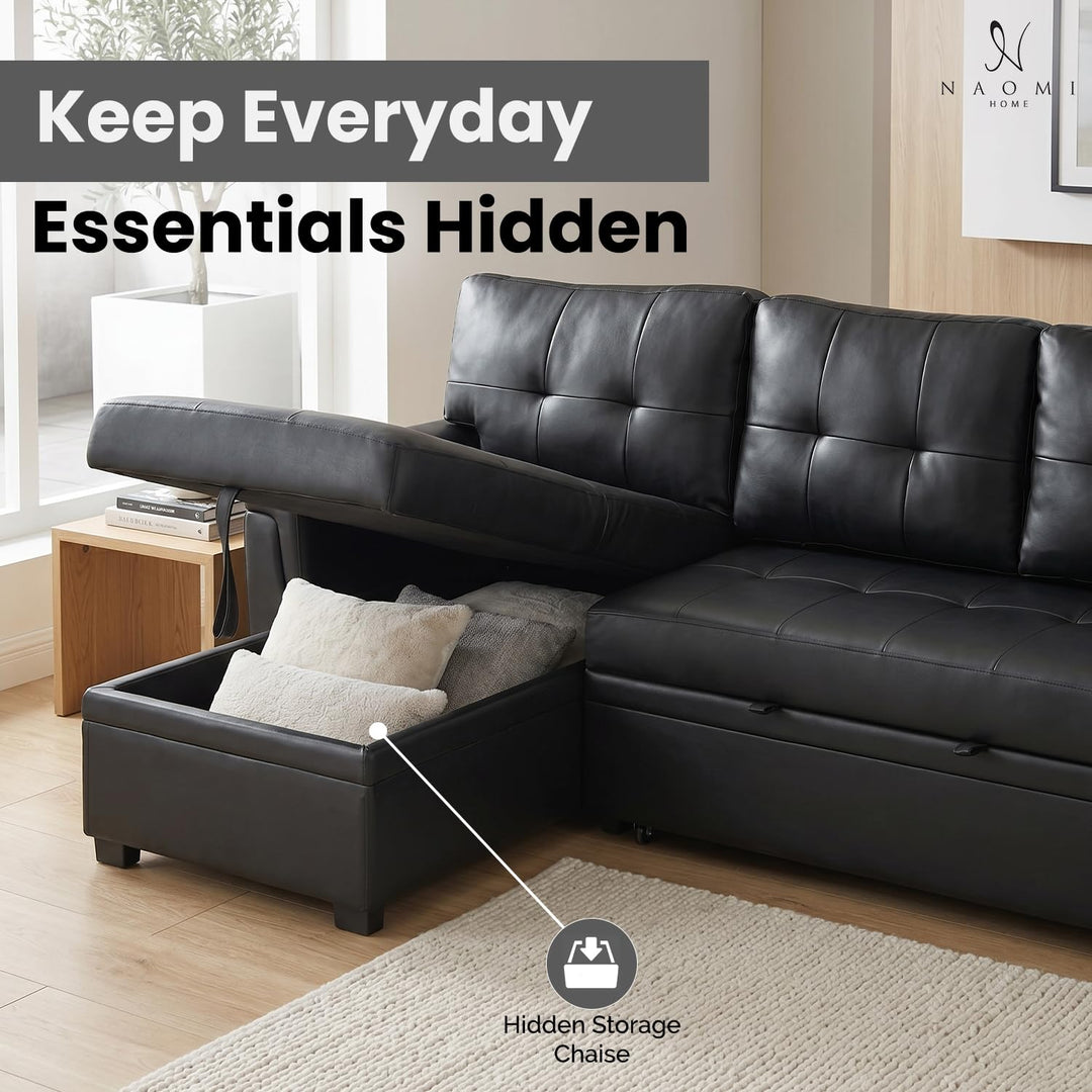 Laura 84" L-Shaped Sleeper Sectional Sofa with Storage Chaise - Black / Air Leather