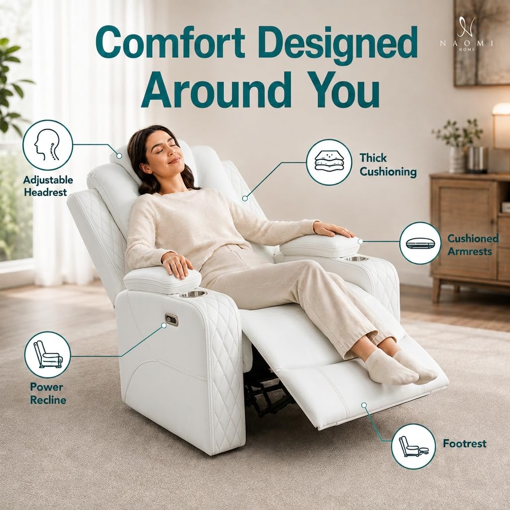 Chicago Power Recliner with LED Lights & USB Charging - White