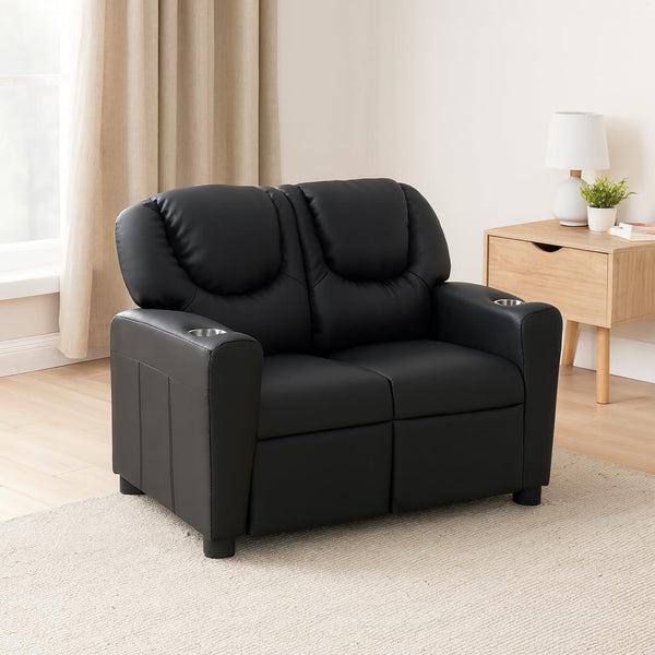 Suri Kids Recliner Loveseat with Dual Cup Holders - Black / Pvc
