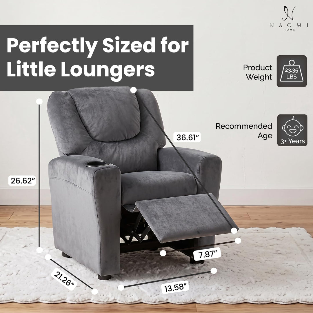 Suri Push Back Kids Recliner with Footrest & Cup Holders - Gray / Microfiber