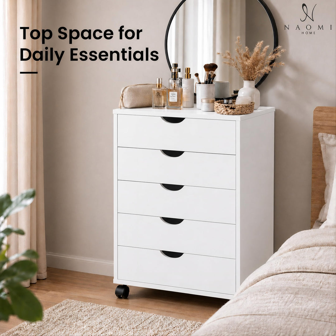 Taylor 5-Drawer Storage Cabinet with Wheels & Tabletop - White