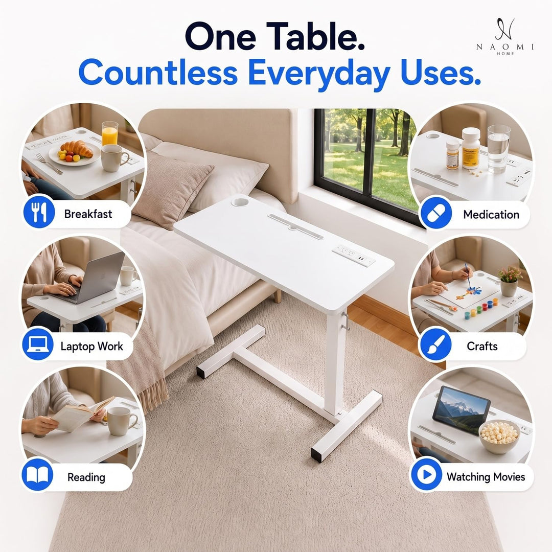 Adjustable Overbed Table with Charging Station - White / White