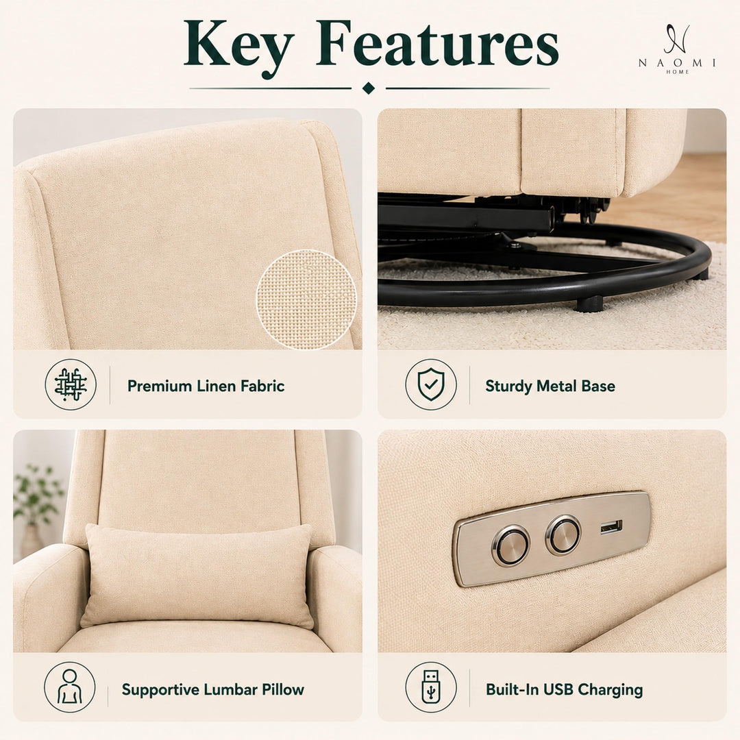 Tanya Power Swivel Glider Recliner with USB Port - Cream