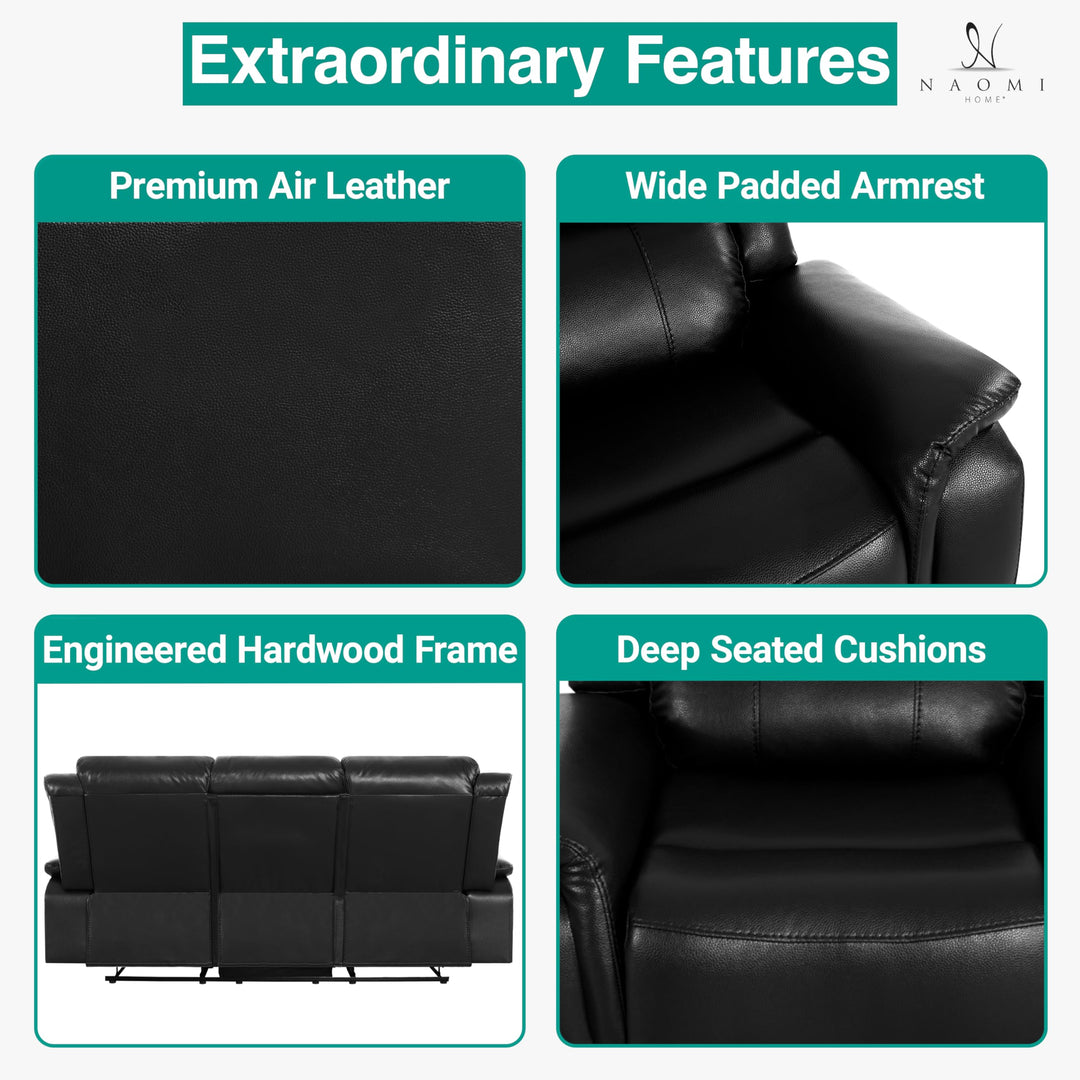 Katie Faux Leather 3-Seater Manual Recliner Sofa - Black