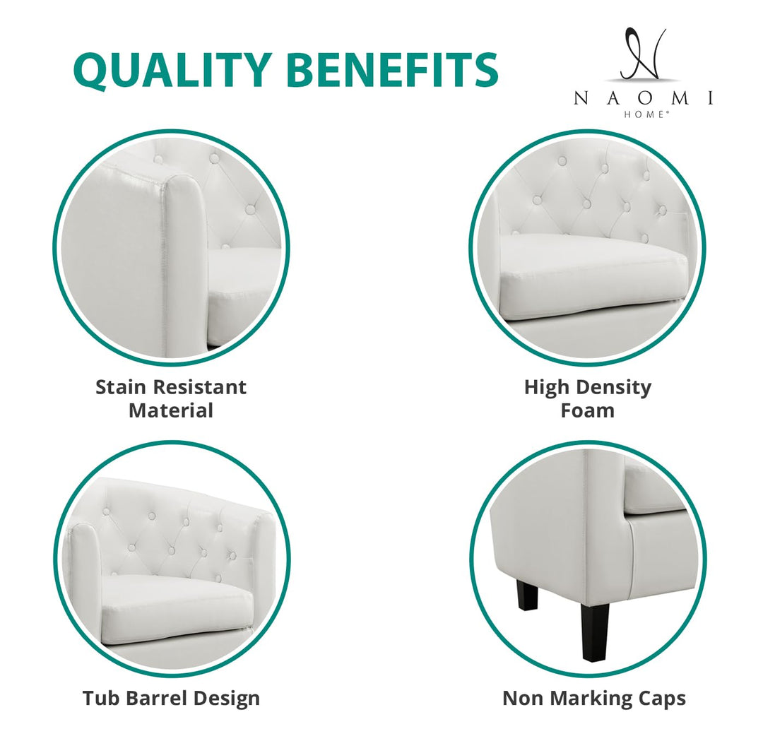 Emma Set of 2 Button-Tufted Faux Leather Barrel Chairs - White