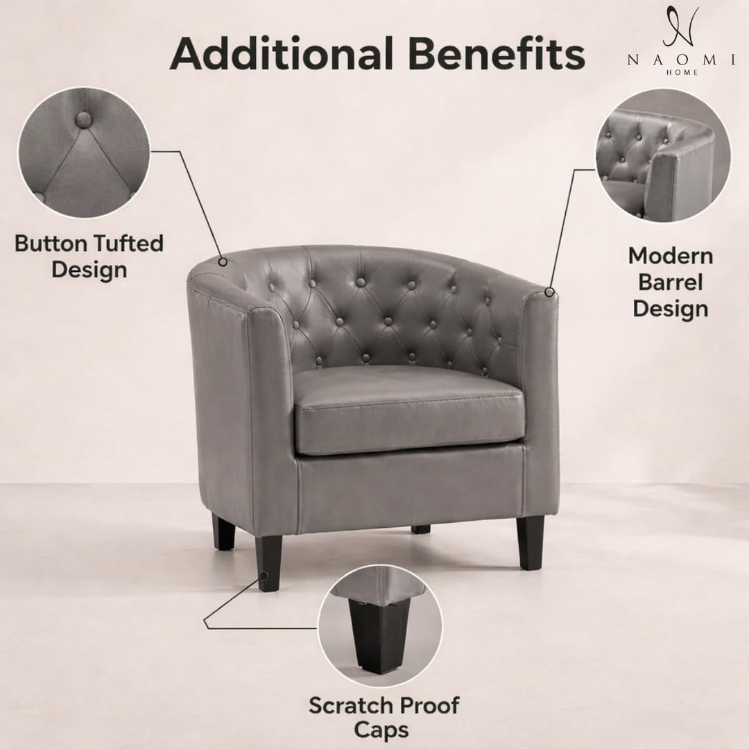 Emma Button-Tufted Faux Leather Barrel Accent Chair - Gray