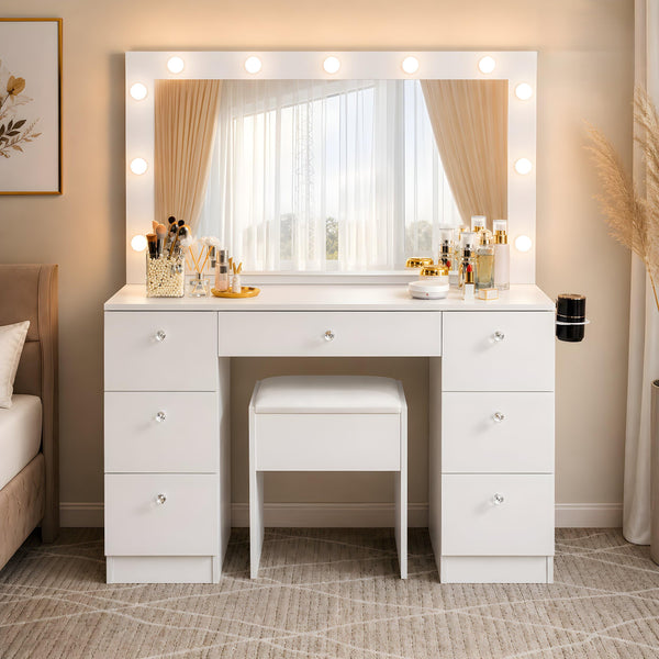 Vera 7-Drawer Makeup Vanity with LED Mirror – White