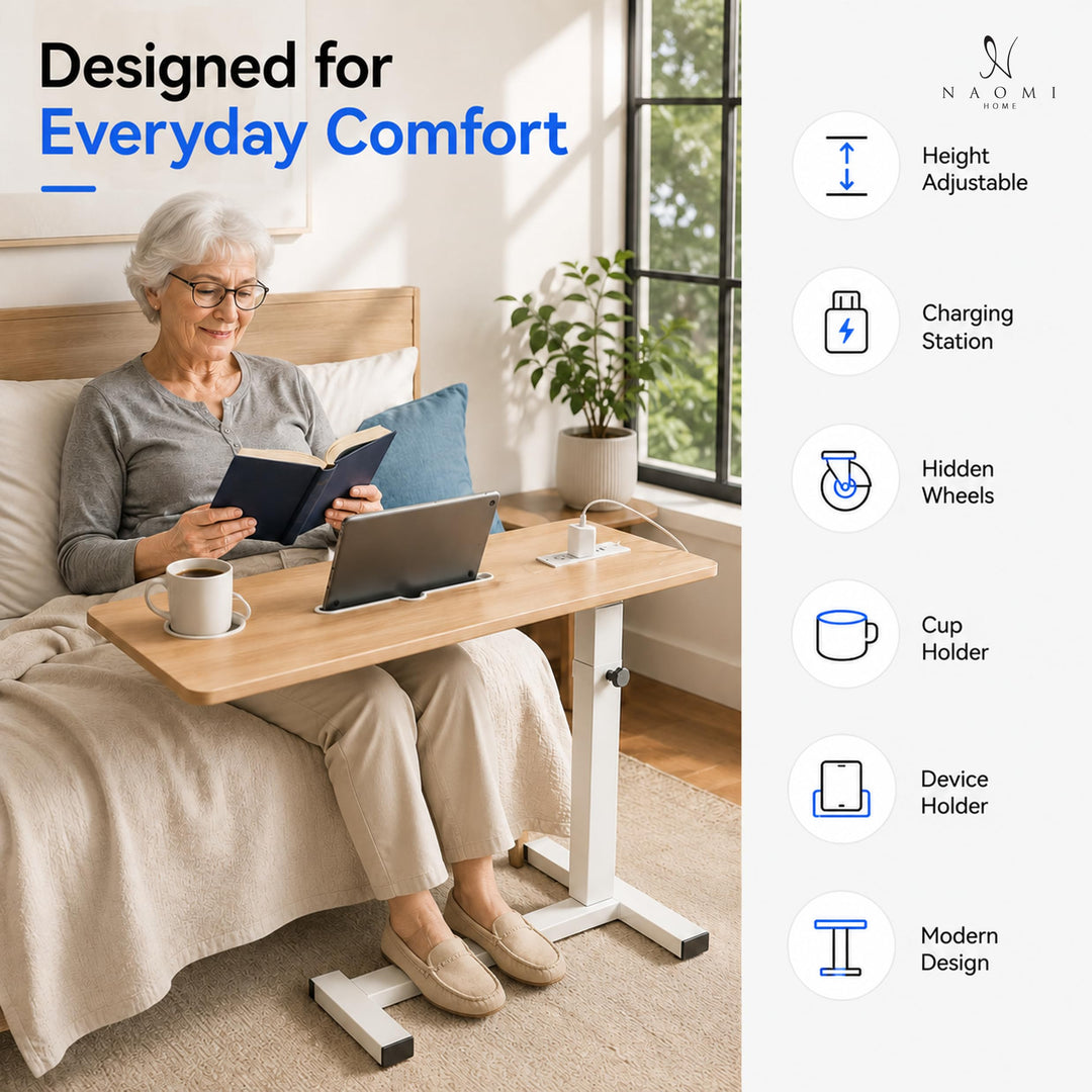 Adjustable Overbed Table with Charging Station - Natural / White