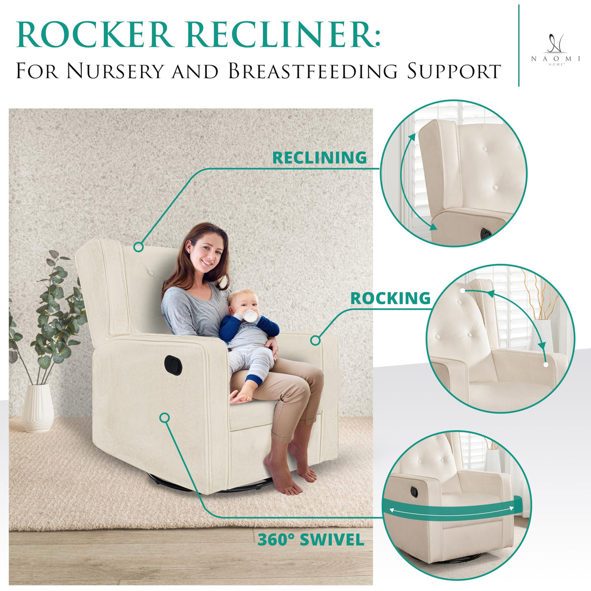 Odelia swivel rocker recliner with adjustable footrest   cream