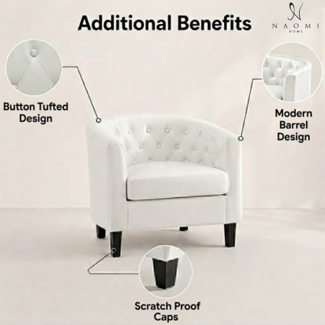 Emma Button-Tufted Faux Leather Barrel Accent Chair - White