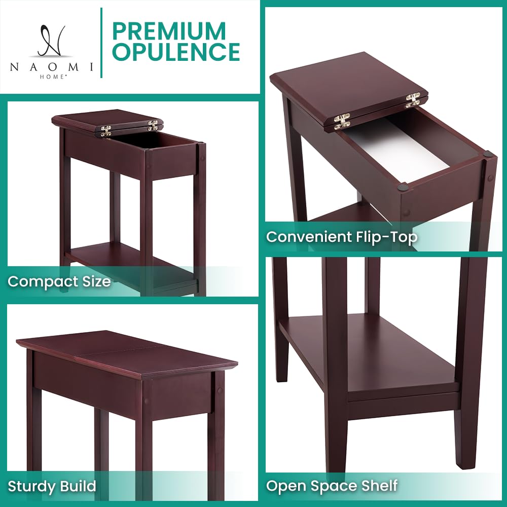 Roxy Flip Top Chairside Table - Hidden Storage with Drawer & Shelf - Cherry