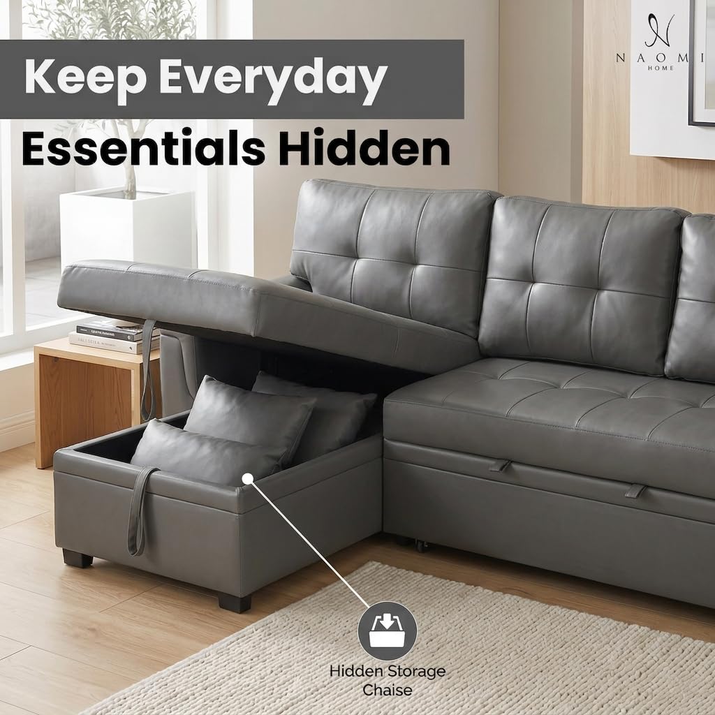 Laura 84" L-Shaped Sleeper Sectional Sofa with Storage Chaise - Gray / Air Leather