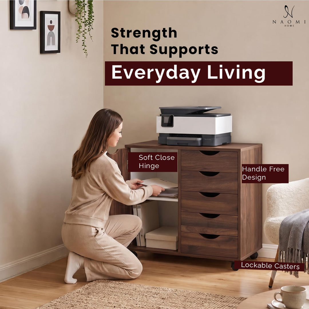 Amy 5-Drawer Storage Cabinet with 2 Shelves & Wheels - Brown Oak
